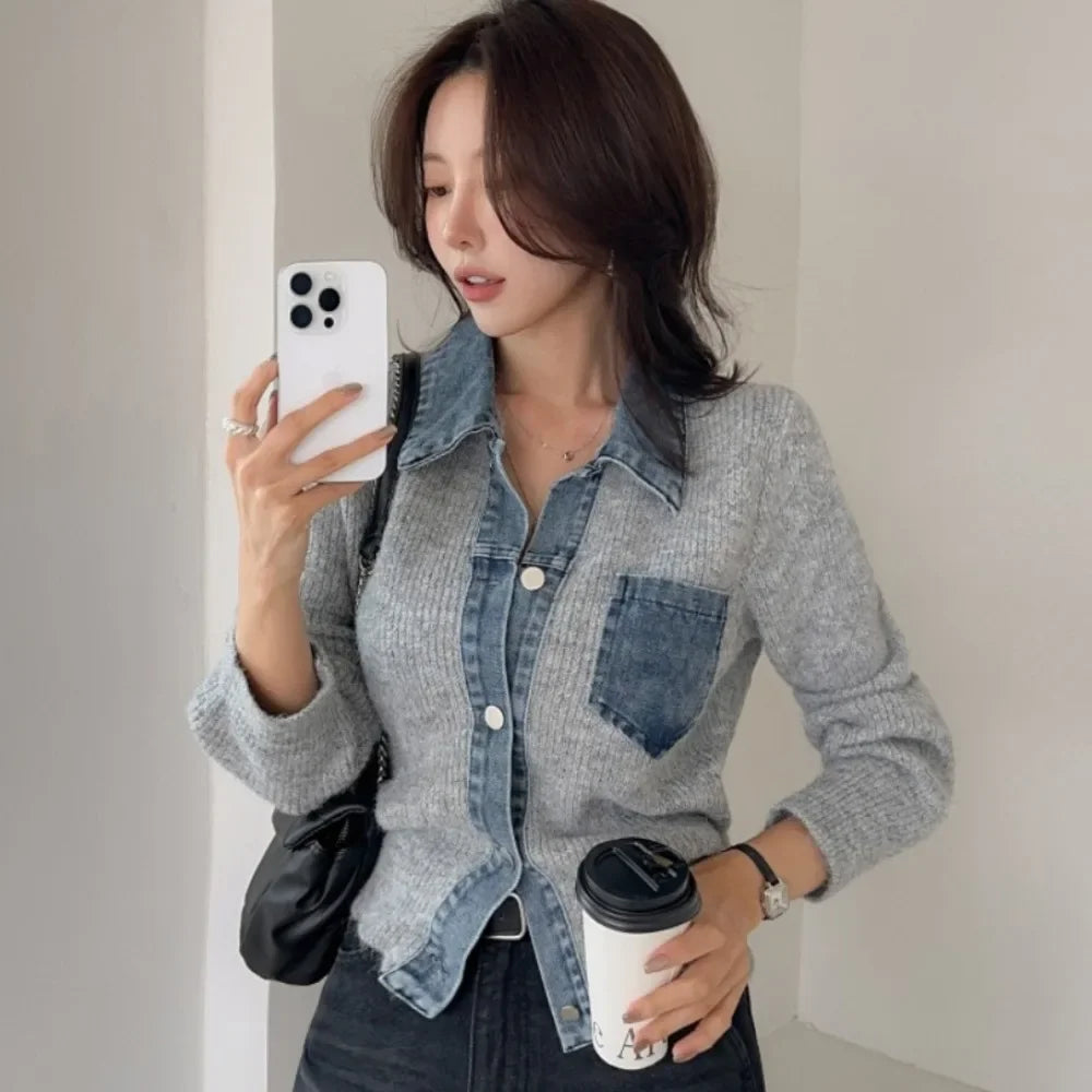 Oversized Knit Sweater Women Denim Patch Cardigan with Open Front