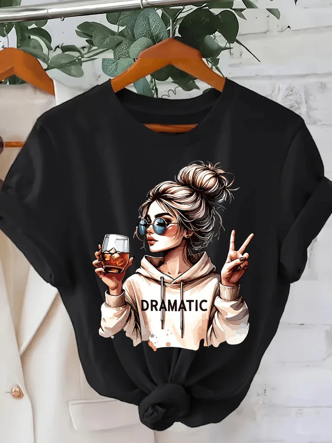 DRAMATIC 1pc Women' S Fashion Print Round Neck Short