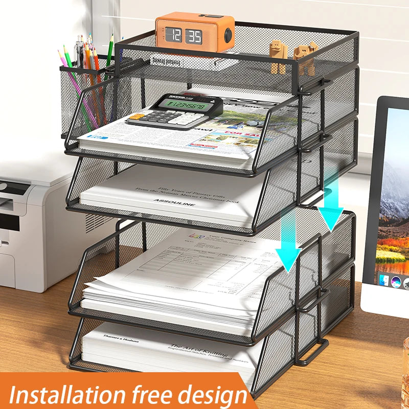 4-Tier Desk Organizer Stackable Tray Office Desk Organizer File and Desktop Holder for Paper Letter Accessories Black