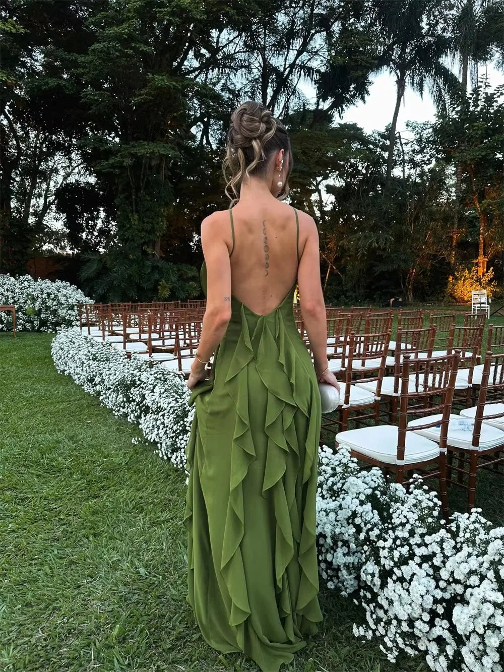 Woman Olive Green Halter Neck Chiffon Maxi Dresses 3D Floral