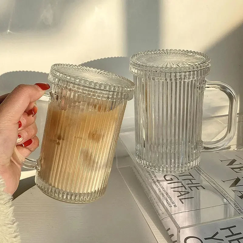 Transparent Coffee Mugs Simple Stripe Glass Cup with Lid Straw Tea Cup Juice Drinking Wine Beer Milk Breakfast Shot Glasses Set