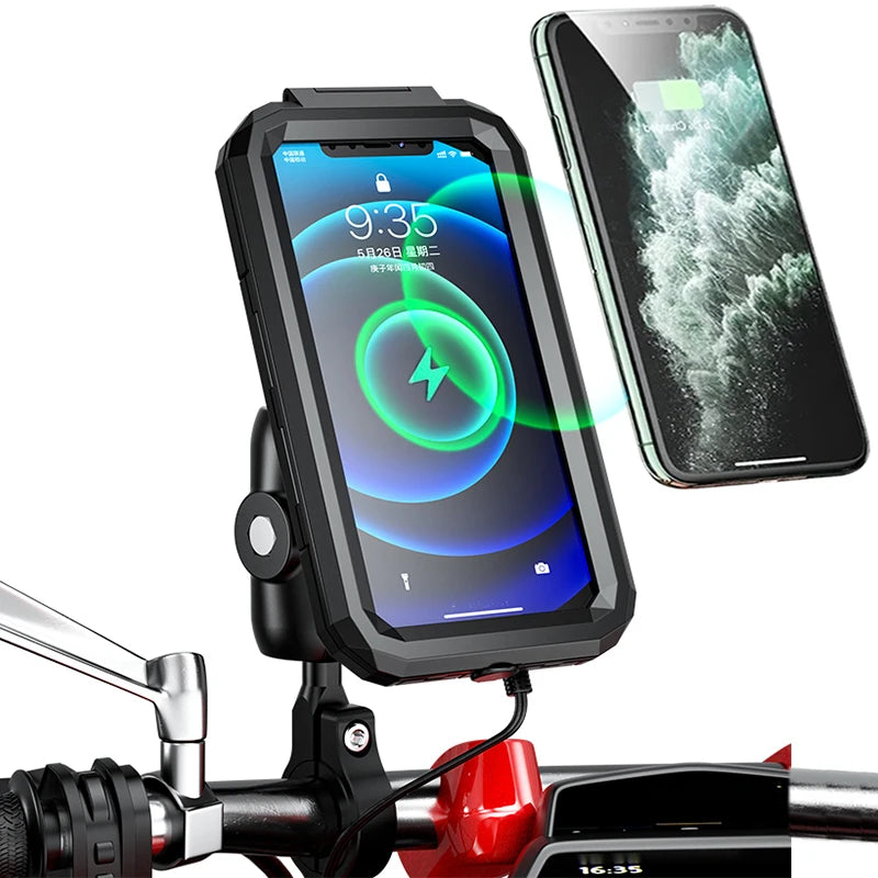 2022 Waterproof Case 12V Motorcycle Phone Holder Wireless Charger 15W Qi/ Type C PD USB Fast Charge Mount Box Double Socket Arms
