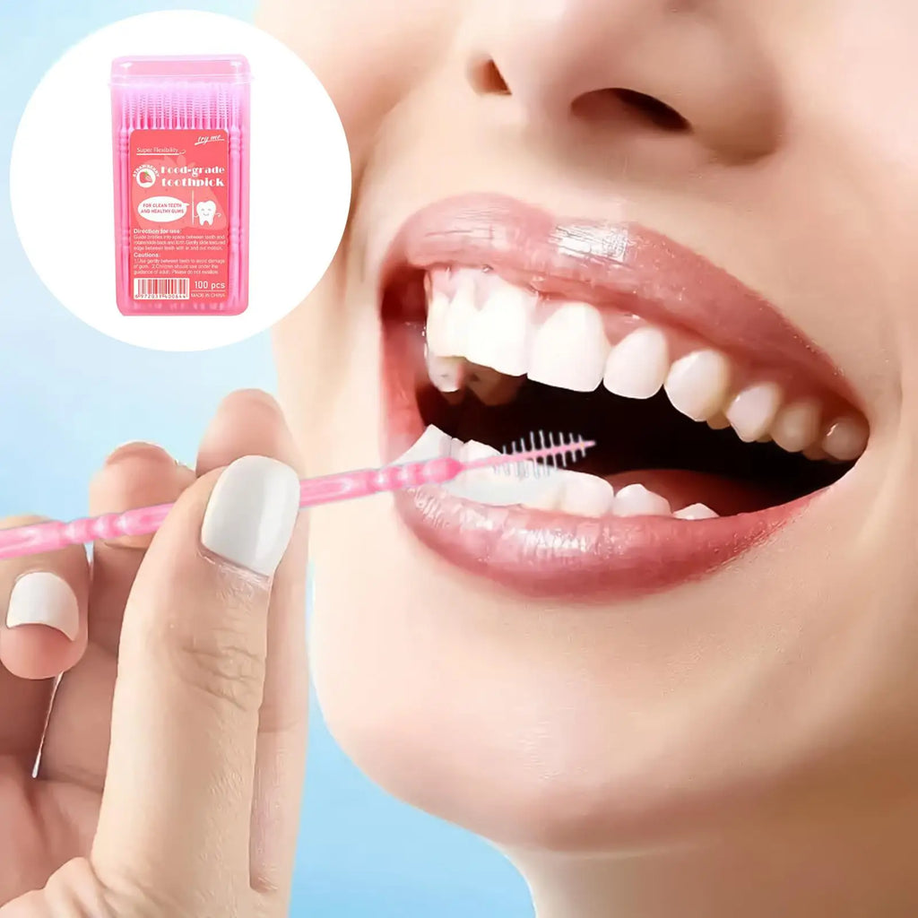 100pcs Flavored Toothpicks 2-Tip Teeth Cleaning with Soft Bristles for Stain Remover Mouth Care Hotel Restaurant Camping Supplie