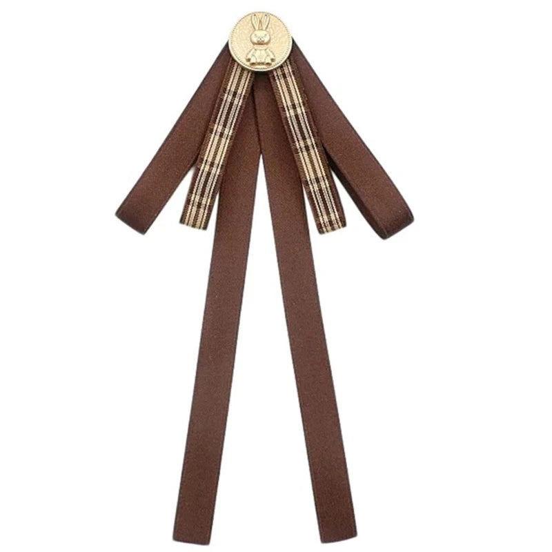Ribbon Bowtie Brooch Pin Student Uniform Pre Tied Necktie Clip Vintage Brown Plaids Bowknot Corsage Shirt Jabot Collar