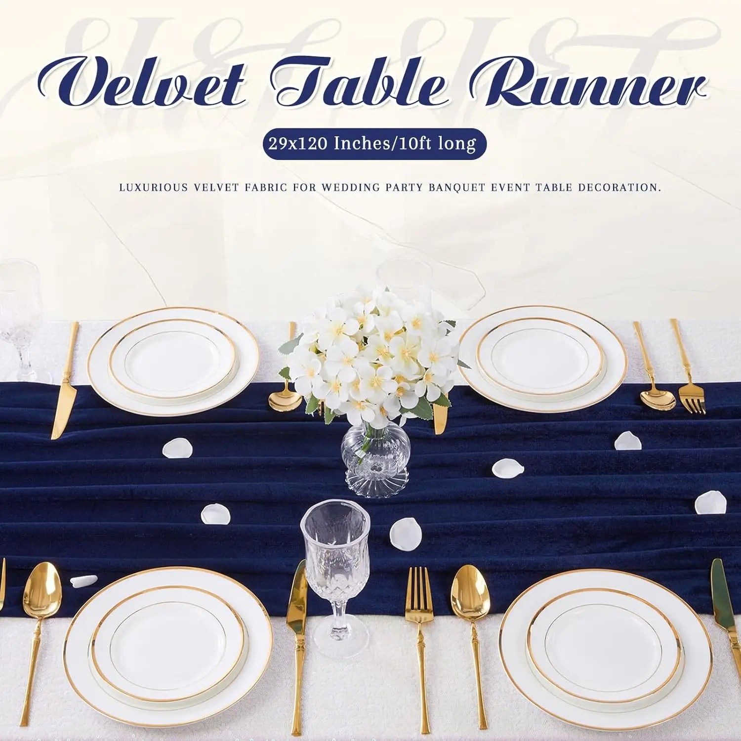 1pc Navy Blue Velvet Table Runner: 29x120 Inches Table Runners - 10ft Long Stretch Velvet Fabric for Reception Table Decorations