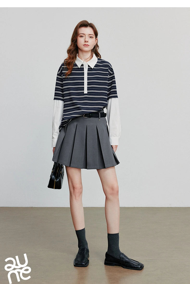 TOYOUTH Women Hoodies Sweatshirt 2025 Autumn New Spliced Fake Two Piece Polo Collar Striped Casual Pullover Tops