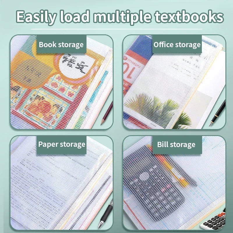 A4 A5 Clear Zipper Mesh Bags Waterproof Document Organizer Pencil Case Travel Office School Supplies Storage Pouch Color Random