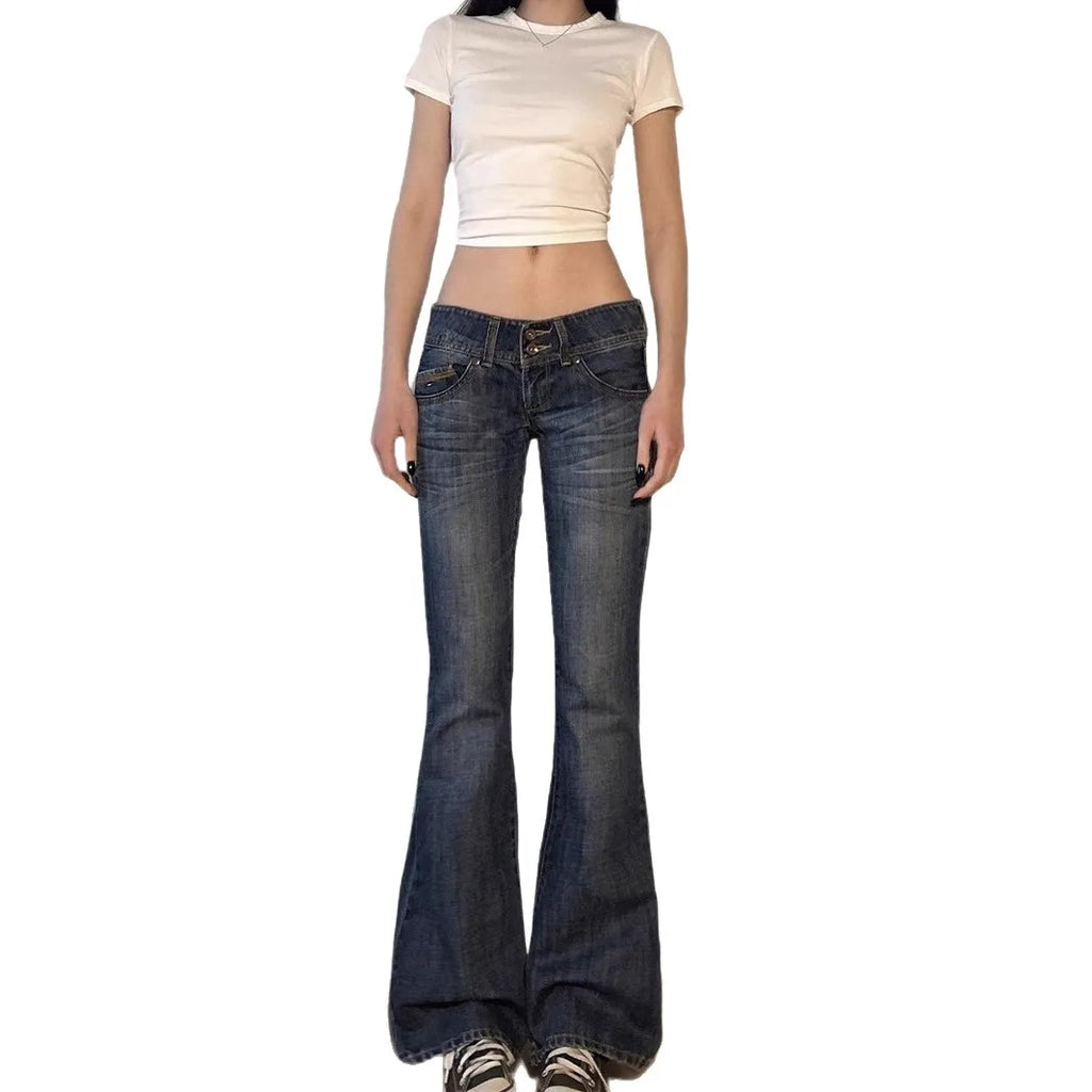 Vintage Y2K Flared Jeans Retro Button-Up Low Rise Casual Denim