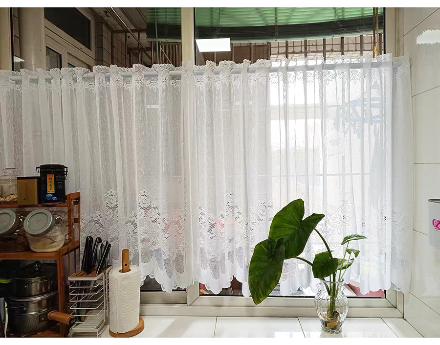 1pc White Lace Sheer Curtains Dining Room Kitchen Cafe Voile Valance Short Curtain Window Treatment Door Curtain Drapes