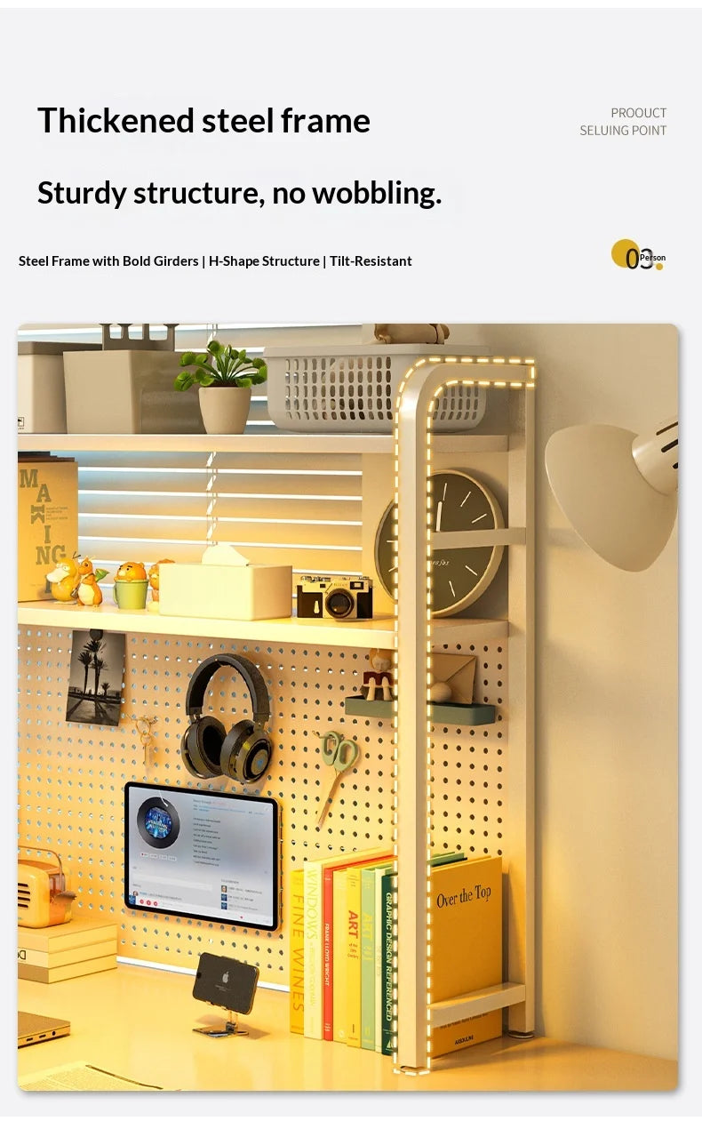 Iron Desktop Pegboard Bookshelf Multi Tier Desk Organizer Storage Shelf Student Computer Workstation Tidy Rack Cabinet Furniture