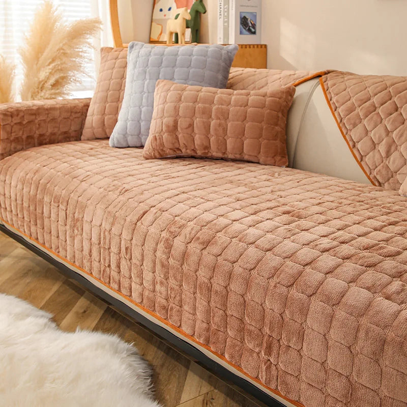 Soft Sofa Cover Thickened Solid Colour Flannel Square Quilted Sofa Cushion Warm Plush Velvet Non-Slip Universal Sofa Backrest