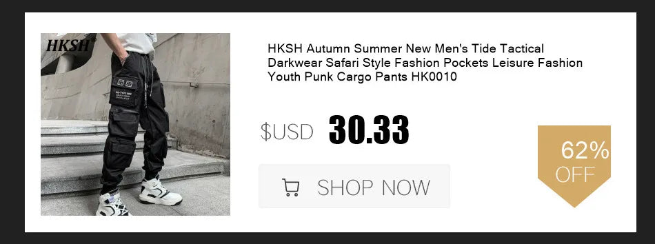HKSH Spring Autumn New Outfit China-Chic Dark Ribbon Zipper Men Tide Dark Hooded Sweatshirt Original Punk Ins Cargo Pants HK0531