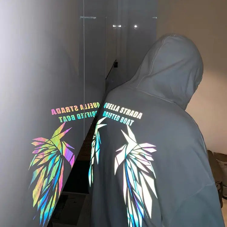 Reflective Male Hoodie Hip Hop Overfit New in No Brand Y2k Vintage Novelty and Simple 90s Tops Fleeced Men's Hooded Sweatshirt