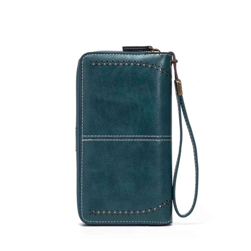 Rfid Anti-Theft Wallet for Men and Women, European and American Retro Leather Long Wallet Clutch, Oil-Waxed Leather Hollow-Out Multi-Card Slot Wallet, Large Capacity Zipper 70% off Clutch Bag, Card Holder Coin Purse Wallet Ha