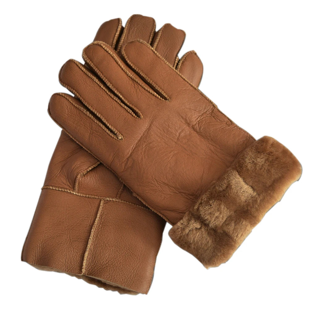 Classic Solid Color Winter Warm Sheepskin Fur Gloves Men Thickened Outdoor Motorcycle Riding Windproof And Leather Fur Gloves