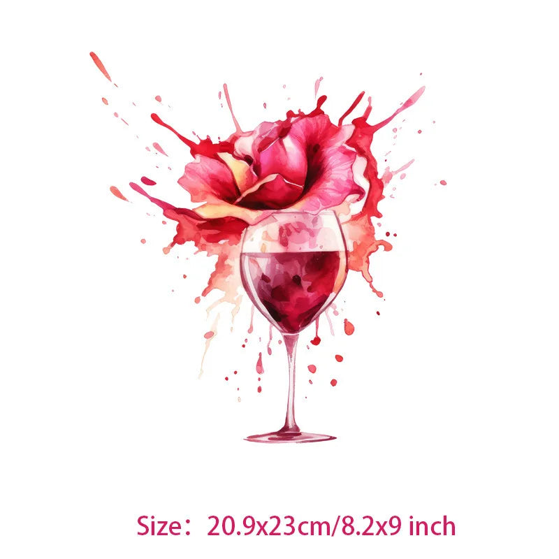 Interesting watercolor wine Glass flower Heat Transfer On Children's clothing dtf transfers ready to press iron on heat transfer