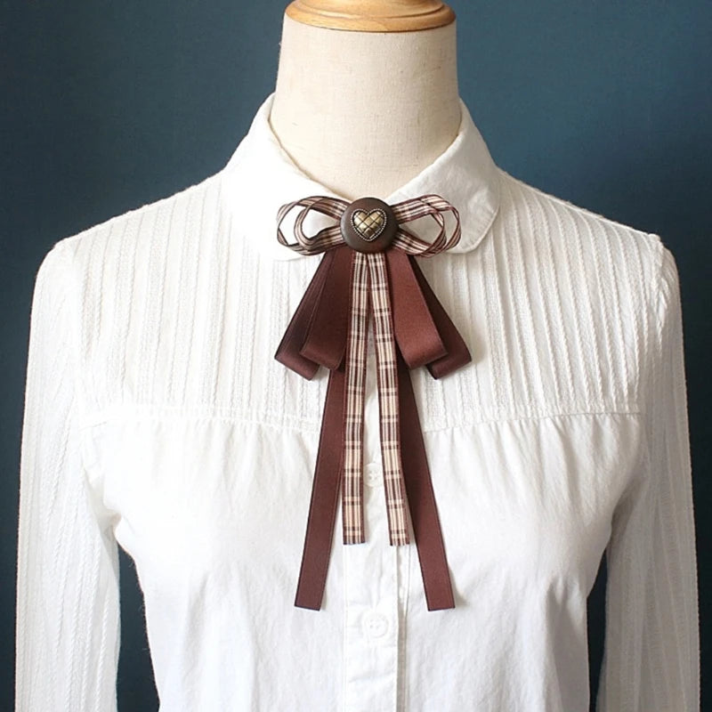 Ribbon Bowtie Brooch Pin Student Uniform Pre Tied Necktie Clip Vintage Brown Plaids Bowknot Corsage Shirt Jabot Collar