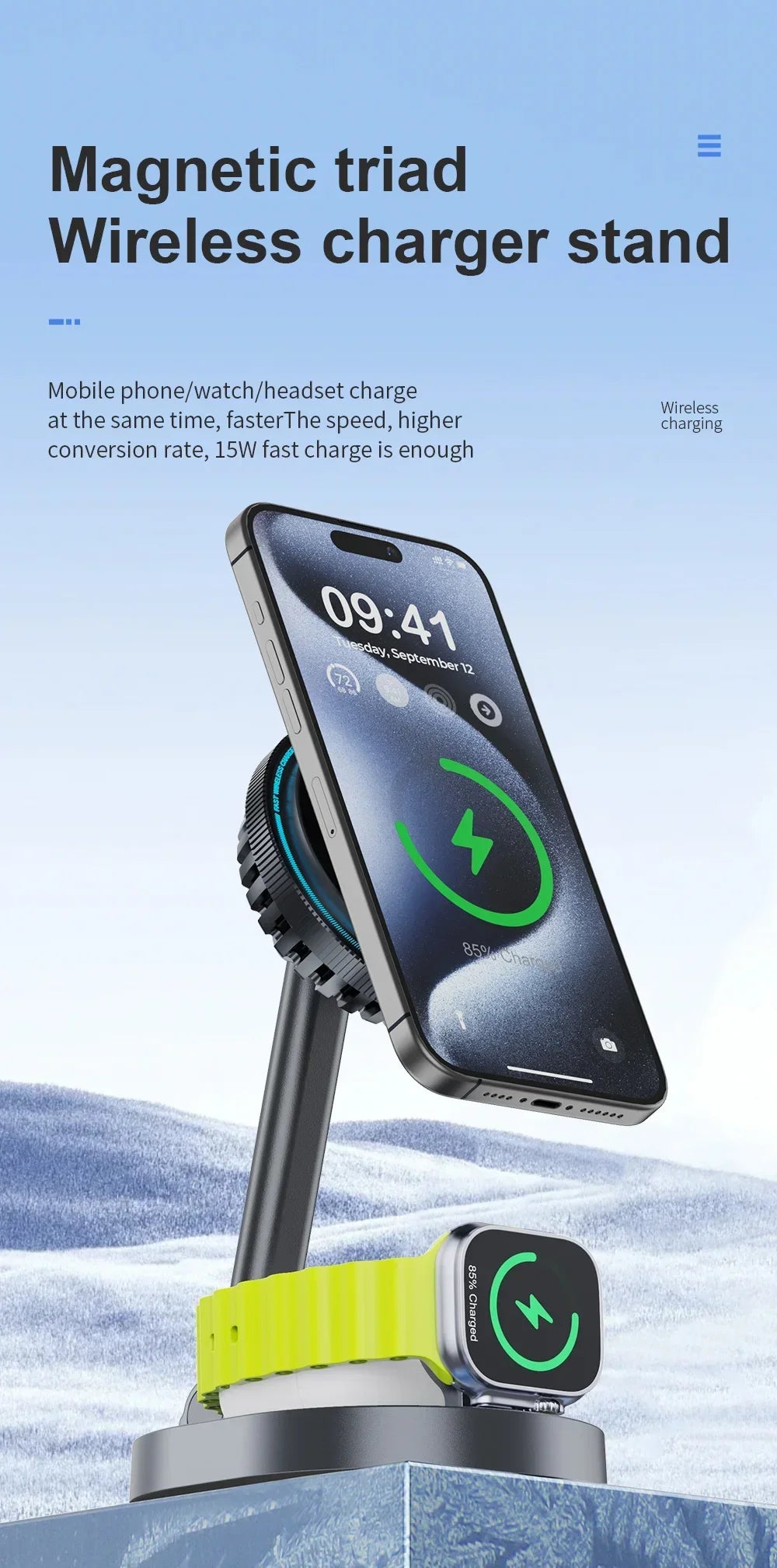 ice Cooling 3 In 1 Magnetic Wireless Charger Stand Pad Foldable Fast Charging Dock For iPhone 15 14 13 12 Pro iWatch 8 7 Airpods