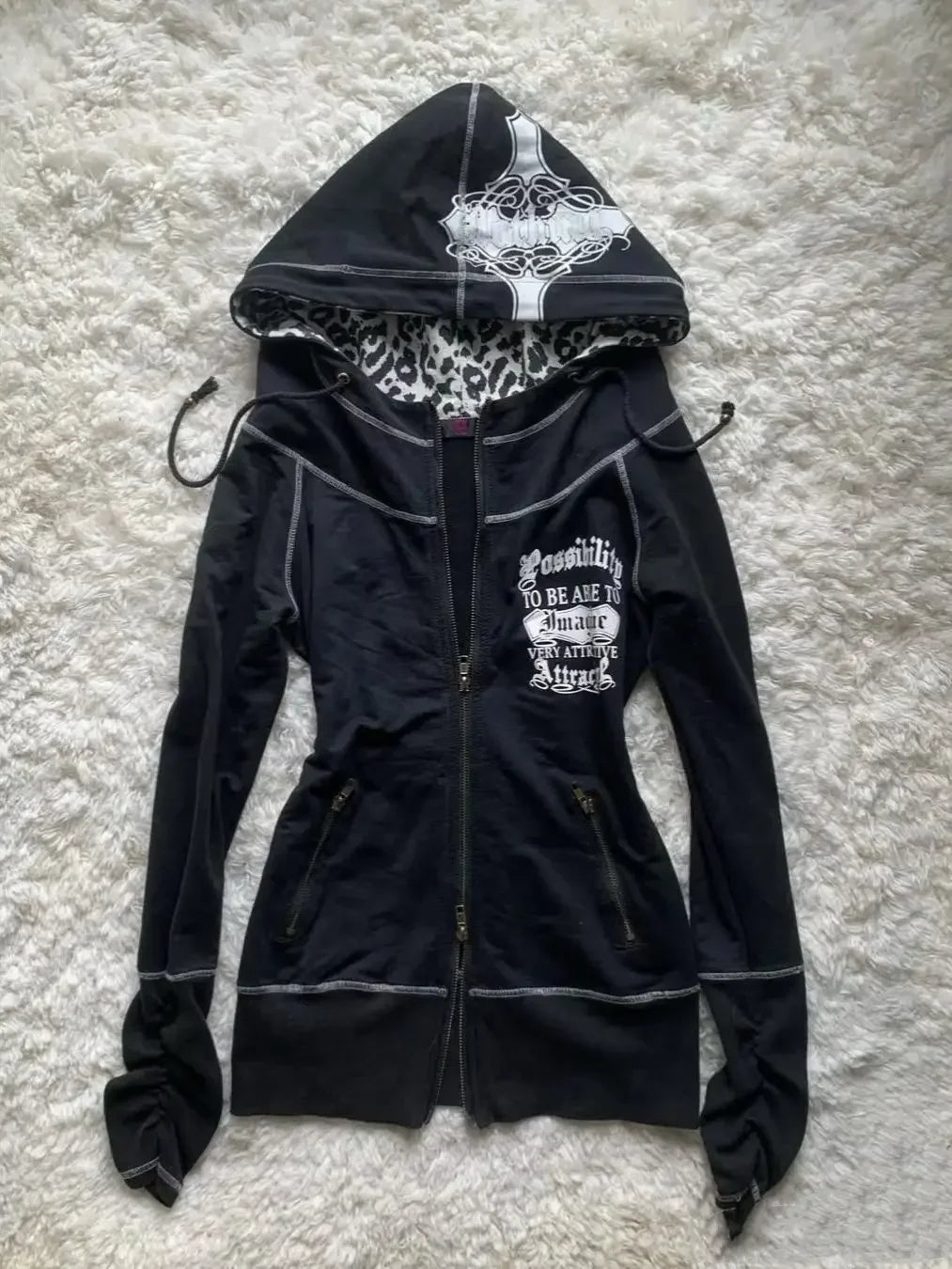 American retro casual hooded sweatshirt jacket for women leopard print stitching design slim hot girl sexy autumn jacket top