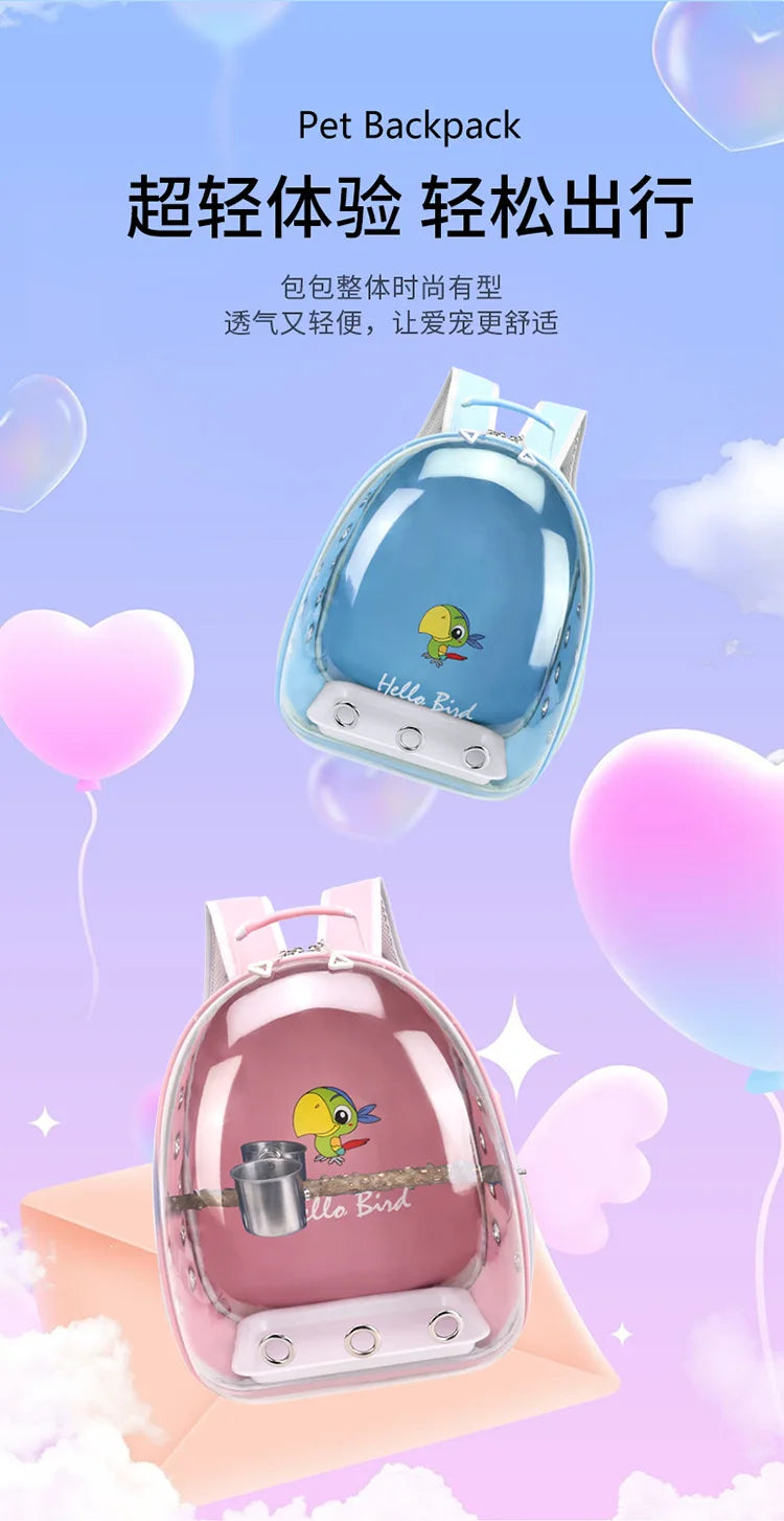 Portable Bird Cage with Prech Feeder and Tray, Acrylic Pet Backpack Bag, Parakeet, Cockatiel, Parrot, Bunny, Travel