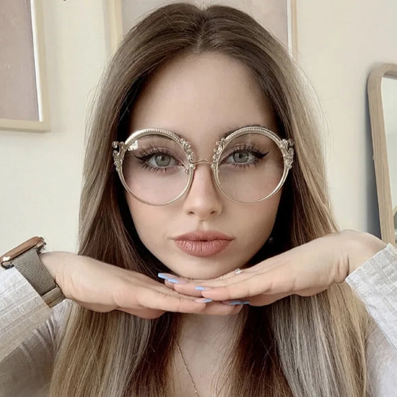 Gold Clear Carving Round Reading Glasses Women Unique Vintage Prescription Eyeglasses Metal Frame Blue Light Blocking Glasses