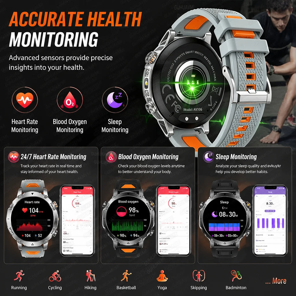 1400mAh Big Battery Smart Watch Men Outdoor GPS Flashlight