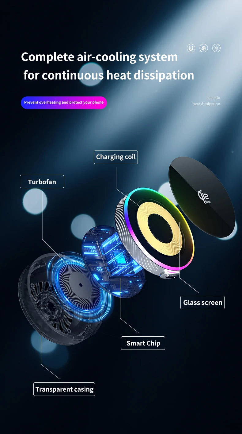 Car Magnetic Wireless Charger Qi2.2 25W Air Cooling RGB Light  Phone Holder For Magsafe iPhone 17 16 15 14 13 12 Fast Charging