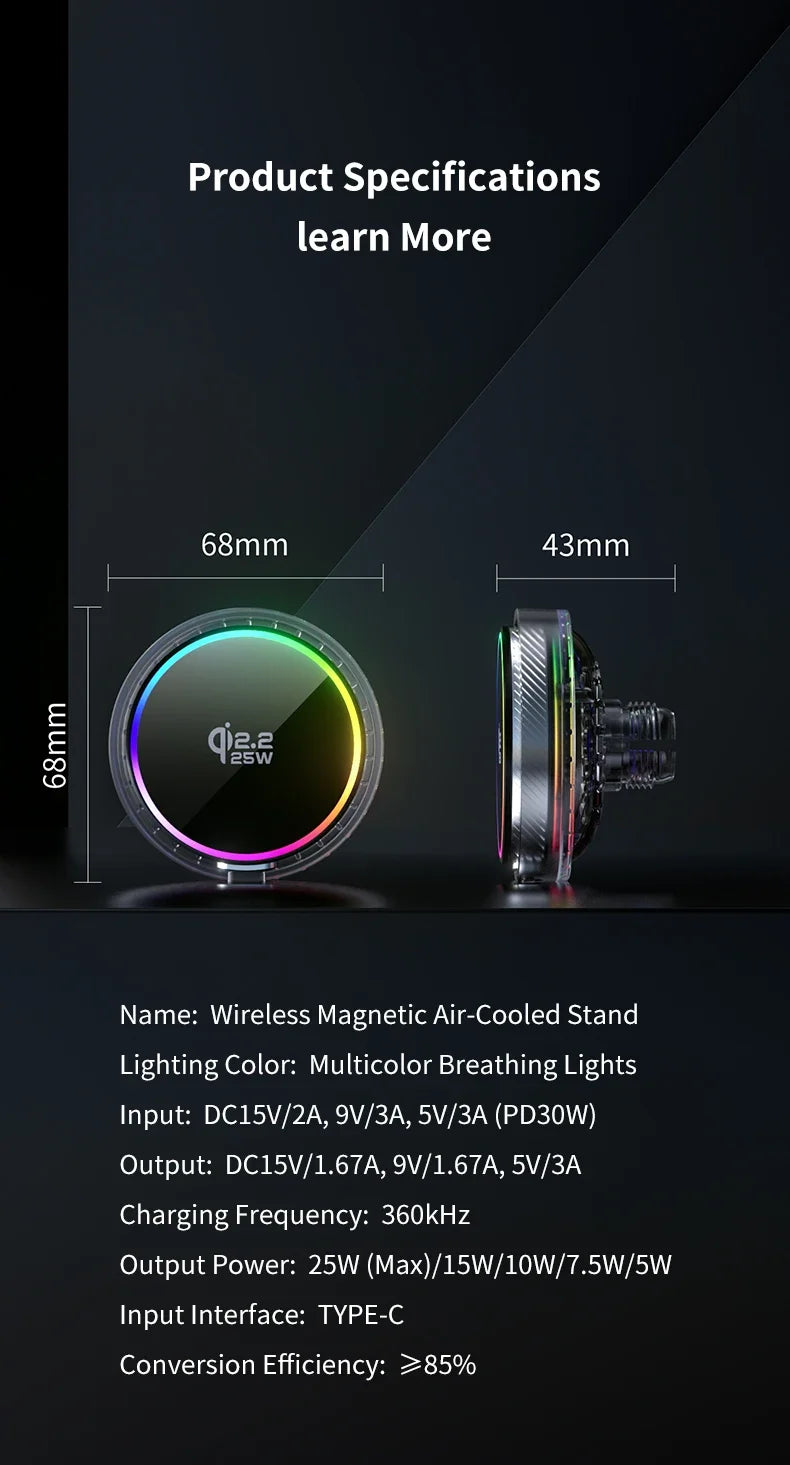 qi2.2 Car 25W Magnetic Wireless Charger Air Cooling RGB Light  Phone Holder For Magsafe iPhone 17 16 15 14 13 12 Fast Charging