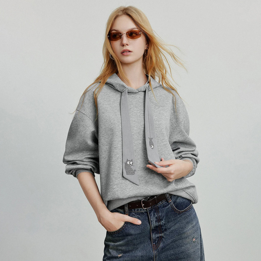 TOYOUTH Women Hoodies Sweatshirt 2025 Autumn New College Style Cat Embroidery Tie Cotton Hooded Pullover Tops