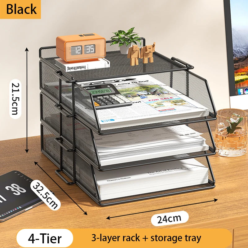 4-Tier Desk Organizer Stackable Tray Office Desk Organizer File and Desktop Holder for Paper Letter Accessories Black