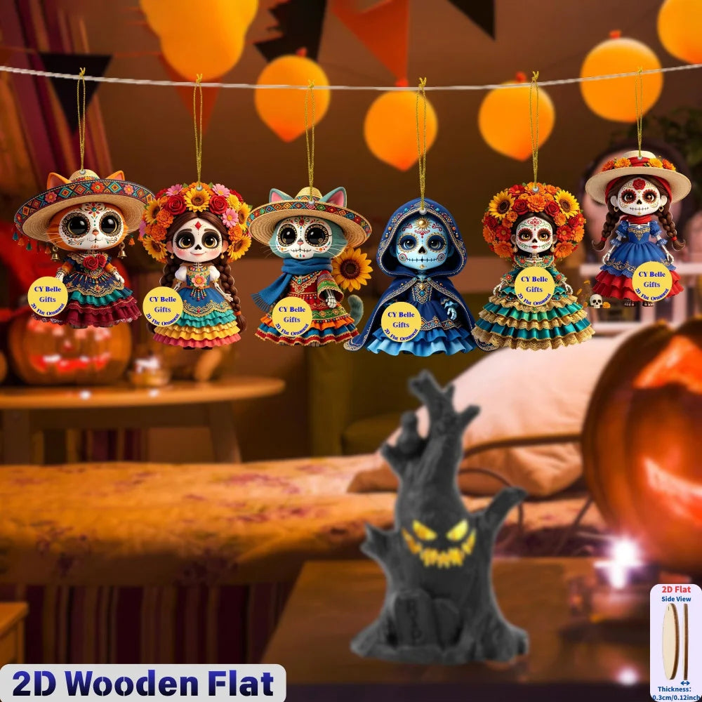 2D Flat Wooden Candy Skull Hanging Ornaments Halloween Day