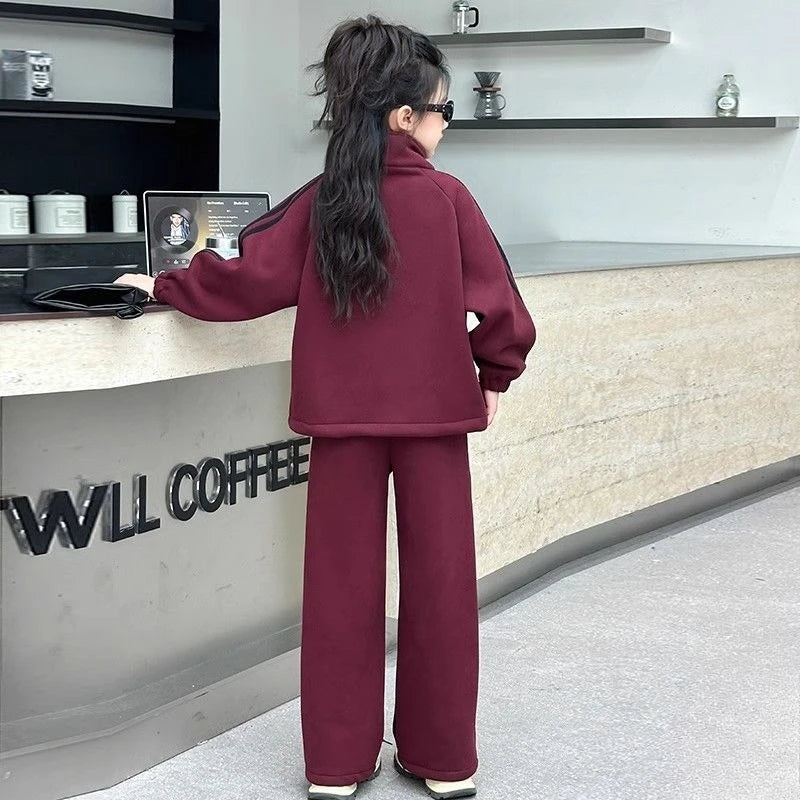 Top & Pants 2-Piece Set Fleece-lined Sweatshirt Girls Winter Clothing Girls' Autumn Clothes Korean Children's 2025 Wear Girl Two