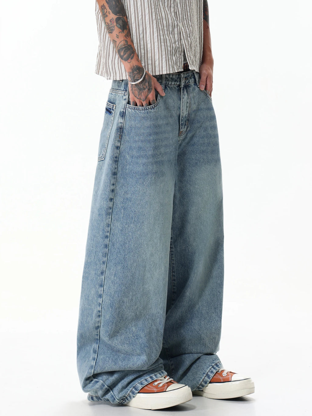 Men's Washed Blue Baggy Wide-Leg Jeans Y2K Street Fashion Casual