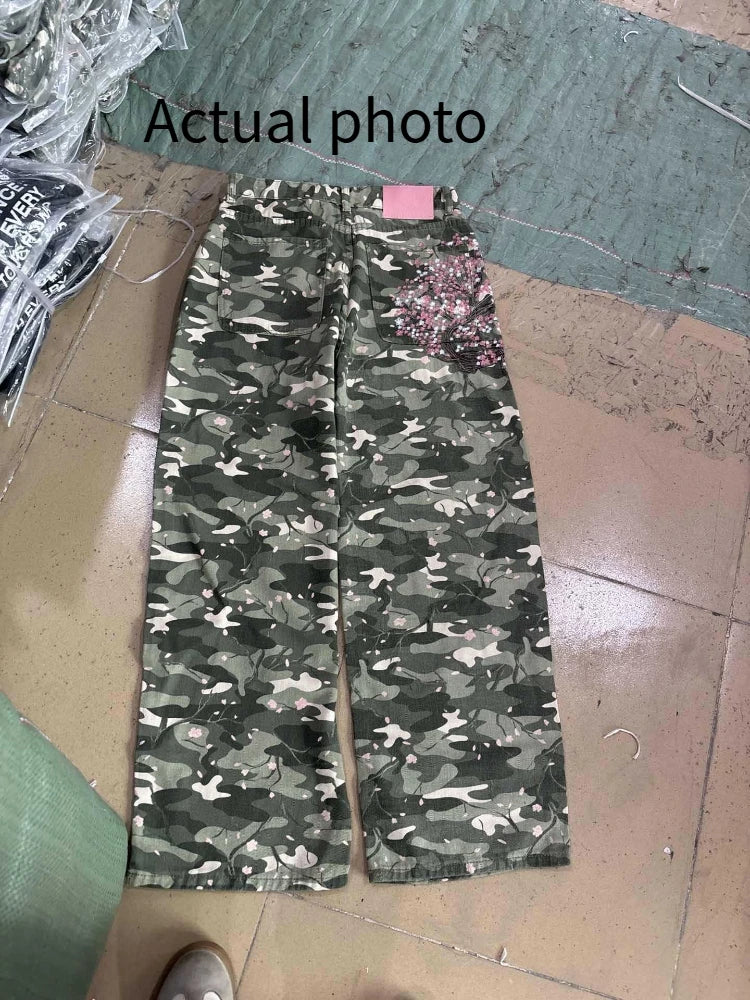Mens Jeans Y2K Sakura Embroidery Camo Denim Pants Harajuku Unisex