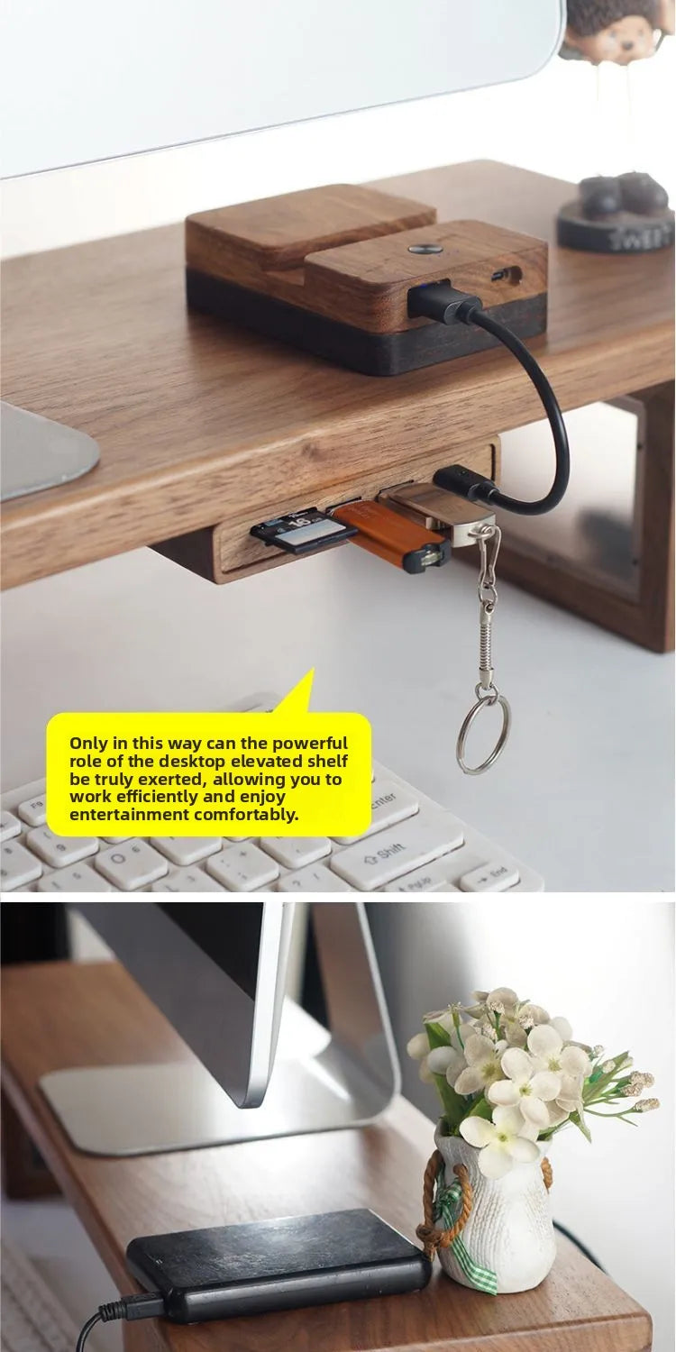 Black Walnut Wood USB Hub Under Desk Organizer Premium Desktop Riser Accessory with 3.0 Ports Multi-Device Charging Station