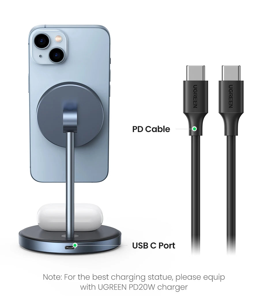 UGREEN Qi Magnetic Wireless Charger Stand Charging Holder For iPhone 16 15 Pro Max/AirPods Fast Charger MagSafe Charging