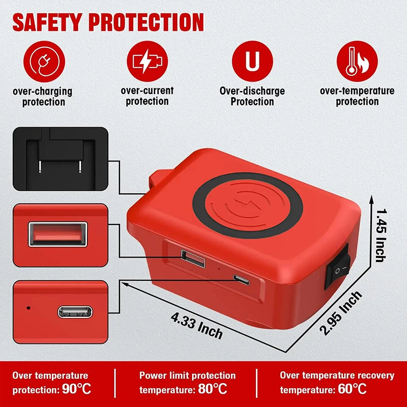 Tool Accessories Type-C USB Power Bank Wireless Charger Adapter for Makita for Dewalt for Milwaukee for Bosch 18V Li-ion Battery