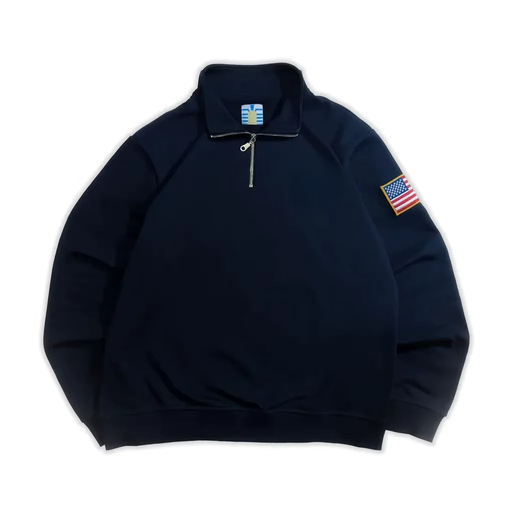 Quarter Zip Sweatshirt Y2K Navy Blue USA Embroidered American Flag Patchwork Jacket Men Women Retro Street Fashion Trend Top