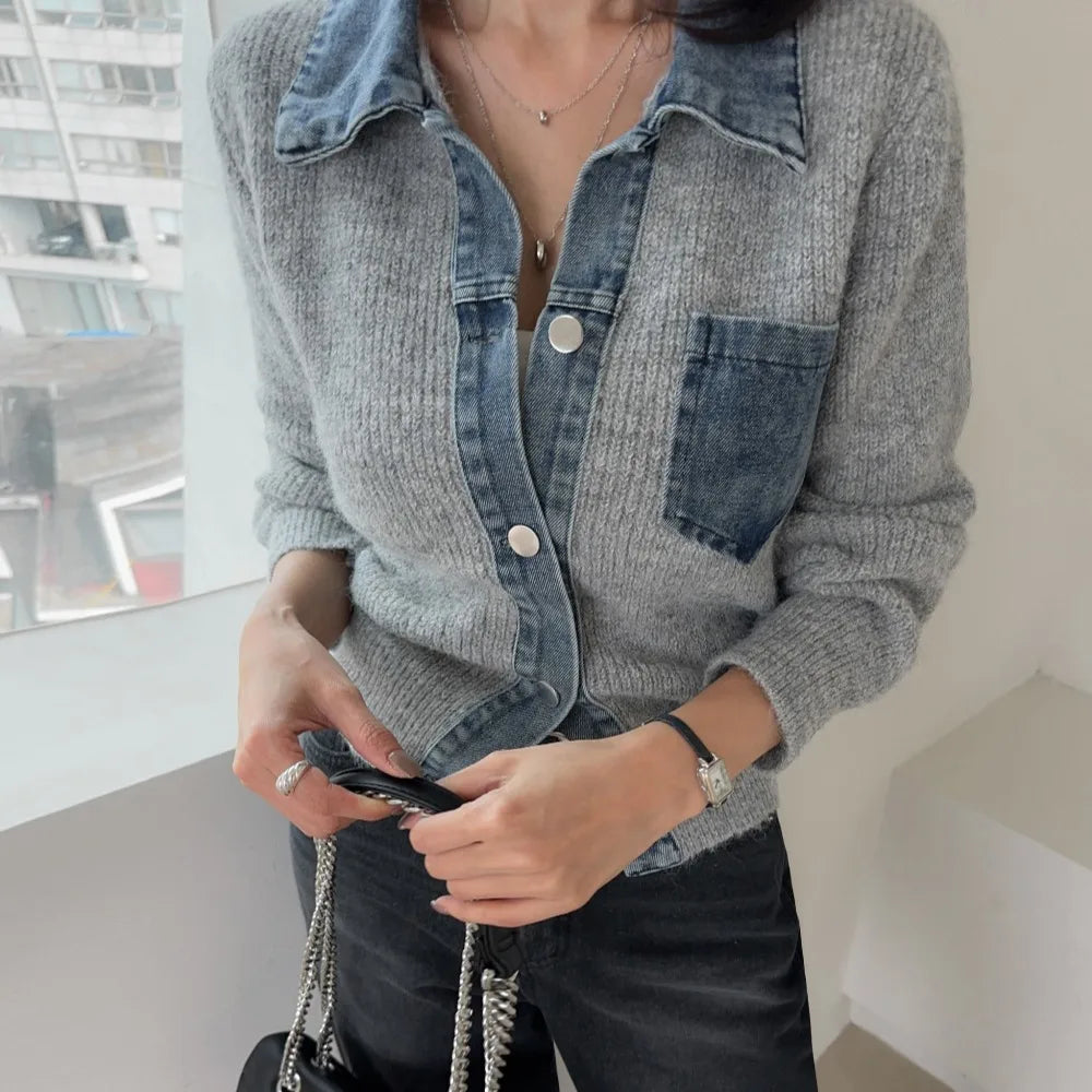 Oversized Knit Sweater Women Denim Patch Cardigan with Open Front