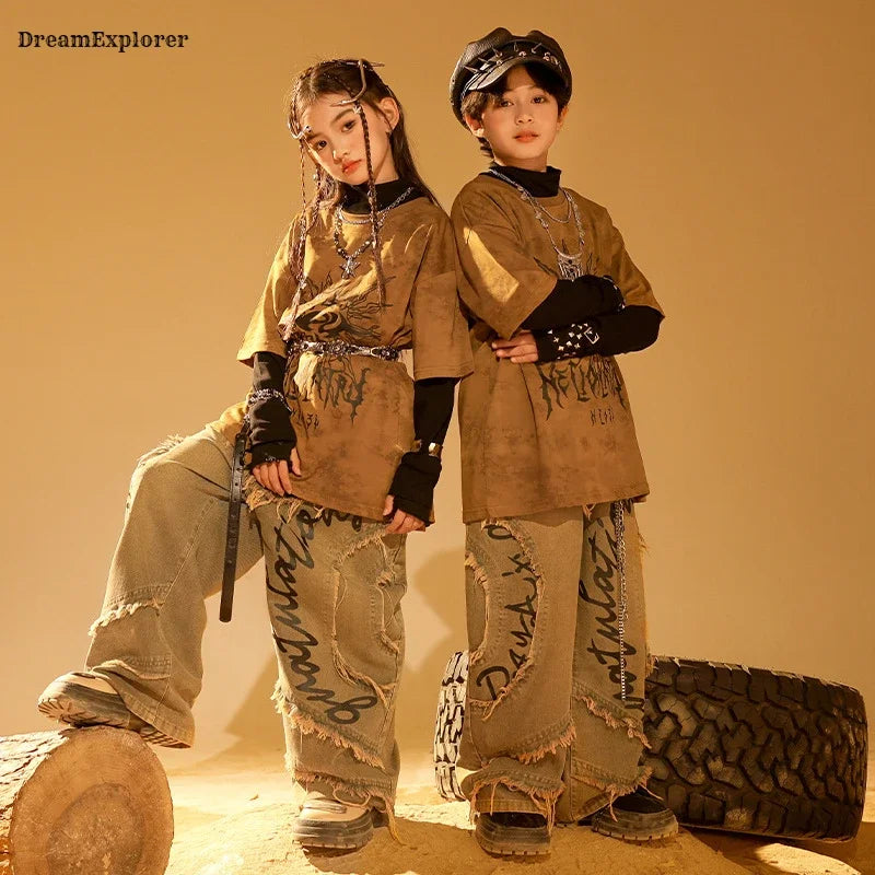 Boys Wasteland Punk Street Dance Sweatshirt Jeans Pants Girls Hip Hop Clothes Sets Kids Jazz Stage Costumes Children Streetwear