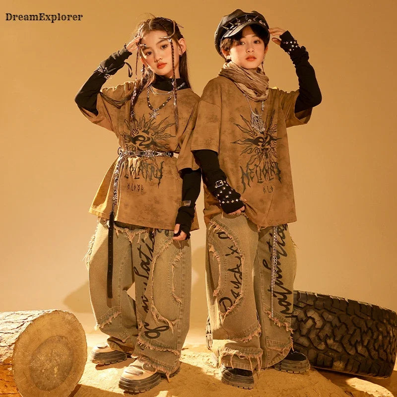 Boys Wasteland Punk Street Dance Sweatshirt Jeans Pants Girls Hip Hop Clothes Sets Kids Jazz Stage Costumes Children Streetwear