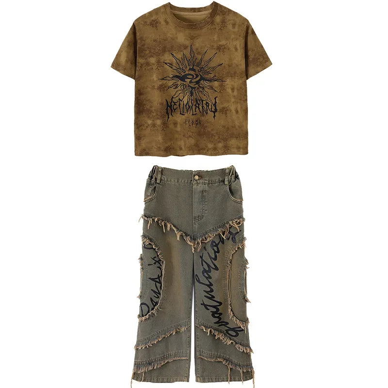 Boys Wasteland Punk Street Dance Sweatshirt Jeans Pants Girls Hip Hop Clothes Sets Kids Jazz Stage Costumes Children Streetwear