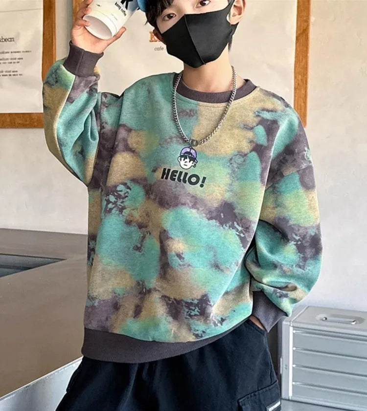Boys' Mid-Large Size 2025 New Autumn-Winter & Spring-Autumn Long Sleeve Fleece-Lined Thickened Stylish Sweatshirt