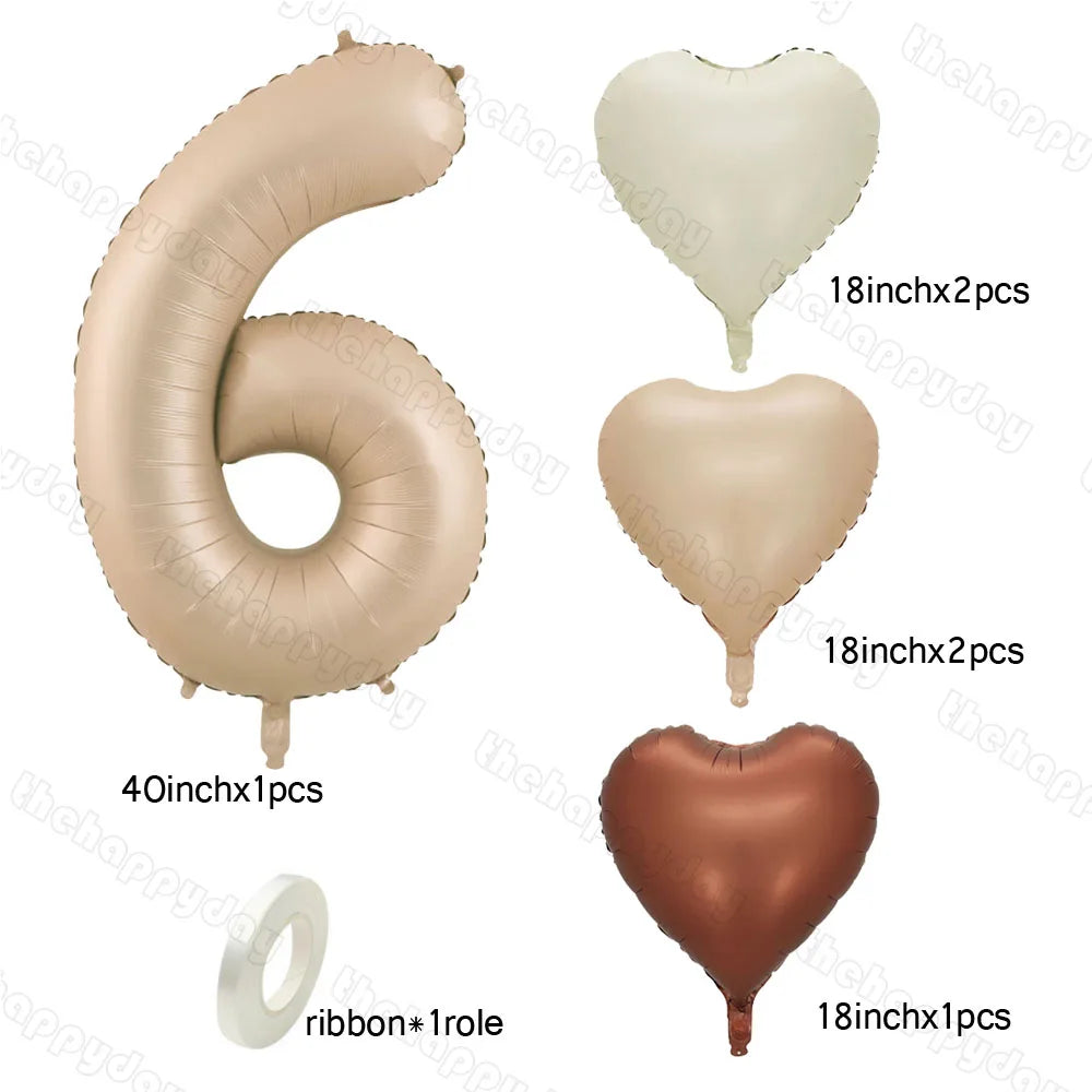 10/5/1Pc Brown Beige Cream 18inch Heart Balloons Cream Number Balloons 1 2 3 4 5 6 Birthday Number Foil Balloon Helium Air Globo