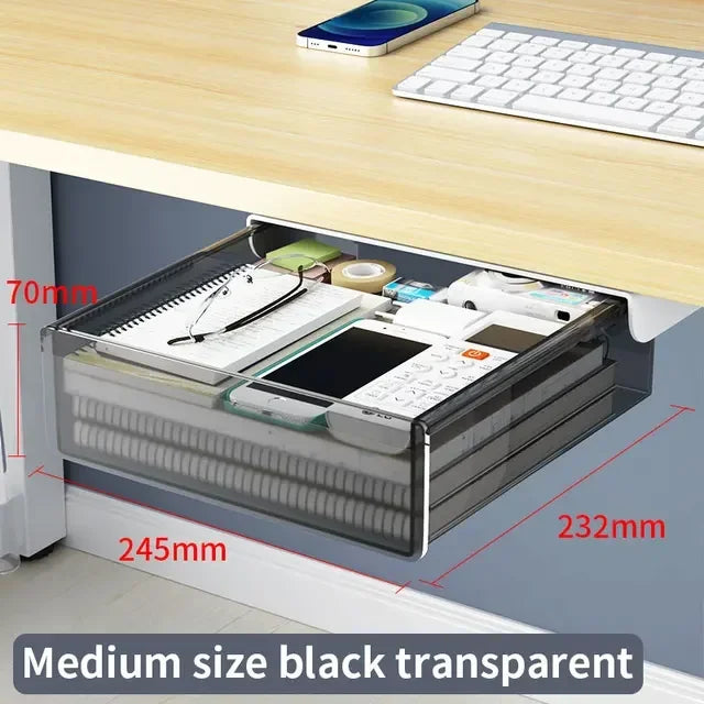 Transparent Under Desk Drawer Self Stick Hidden Storage Tray Quiet Pull Out Desk Organizer Accessory