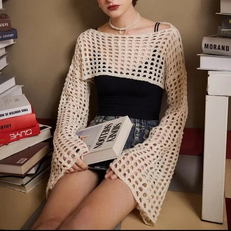 Women Y2K Crochet Knit Hollow Out Crop Top Long Flared Sleeve