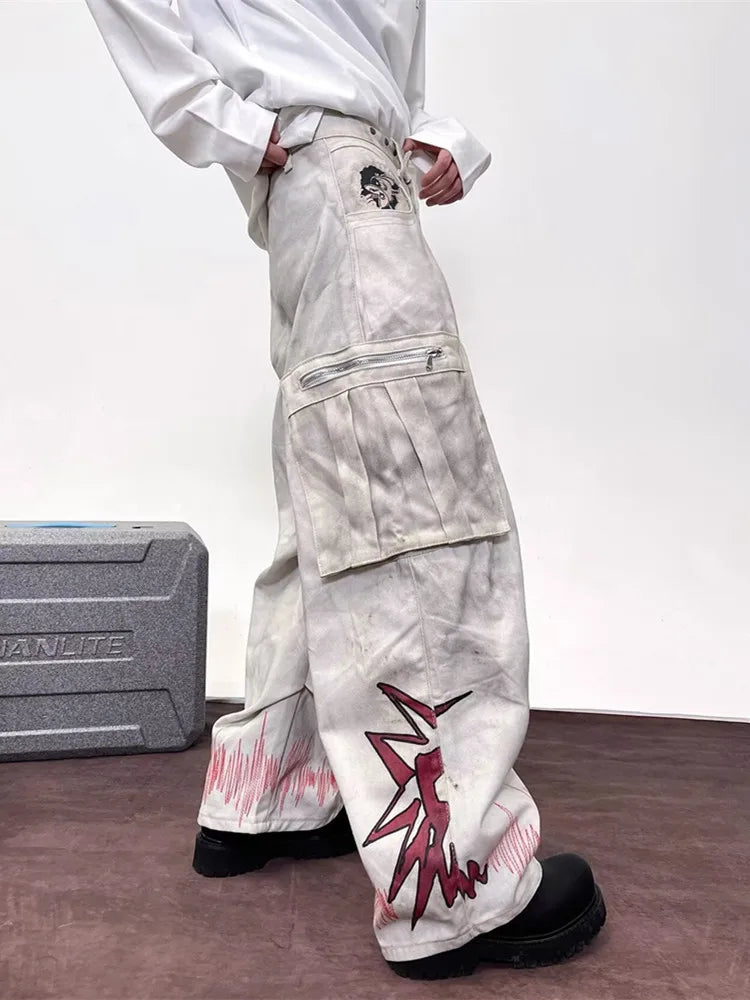 Cyber Y2K Streetwear Dirty Washed White Baggy Cargo Jeans Pants