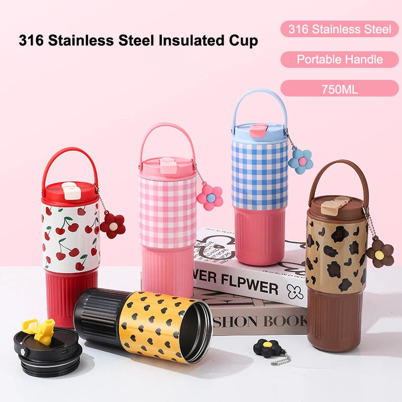Portable Thermos Cup Gift For Woman Girl Cute Tumbler 750ML Water Bottle 316 Stainless Steel Vacuum Thermos Bottle Insulated