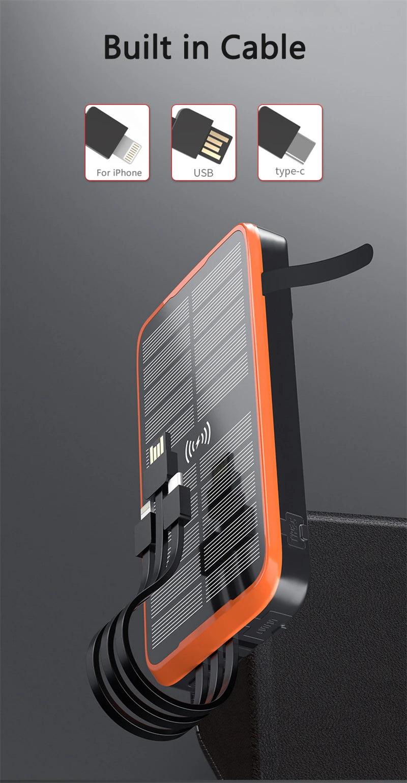 43800mAh Solar Power Bank Quick Wireless Charger External Battery Pack PD 20W Powerbank Built Cables LED Light for iPhone Xiaomi