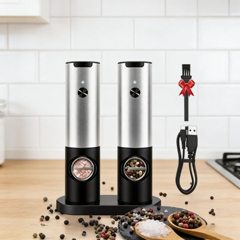 Electric Salt Pepper Grinder Set USB Rechargeable Automatic Spice Mill with LED Light Adjustable Coarseness Kitchen Gadget